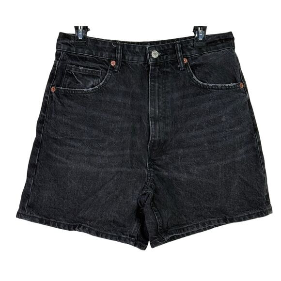 Zara High Waisted Loose Fit Classic Cotton Denim Jean Shorts 10 Black #3805 - Picture 15 of 15